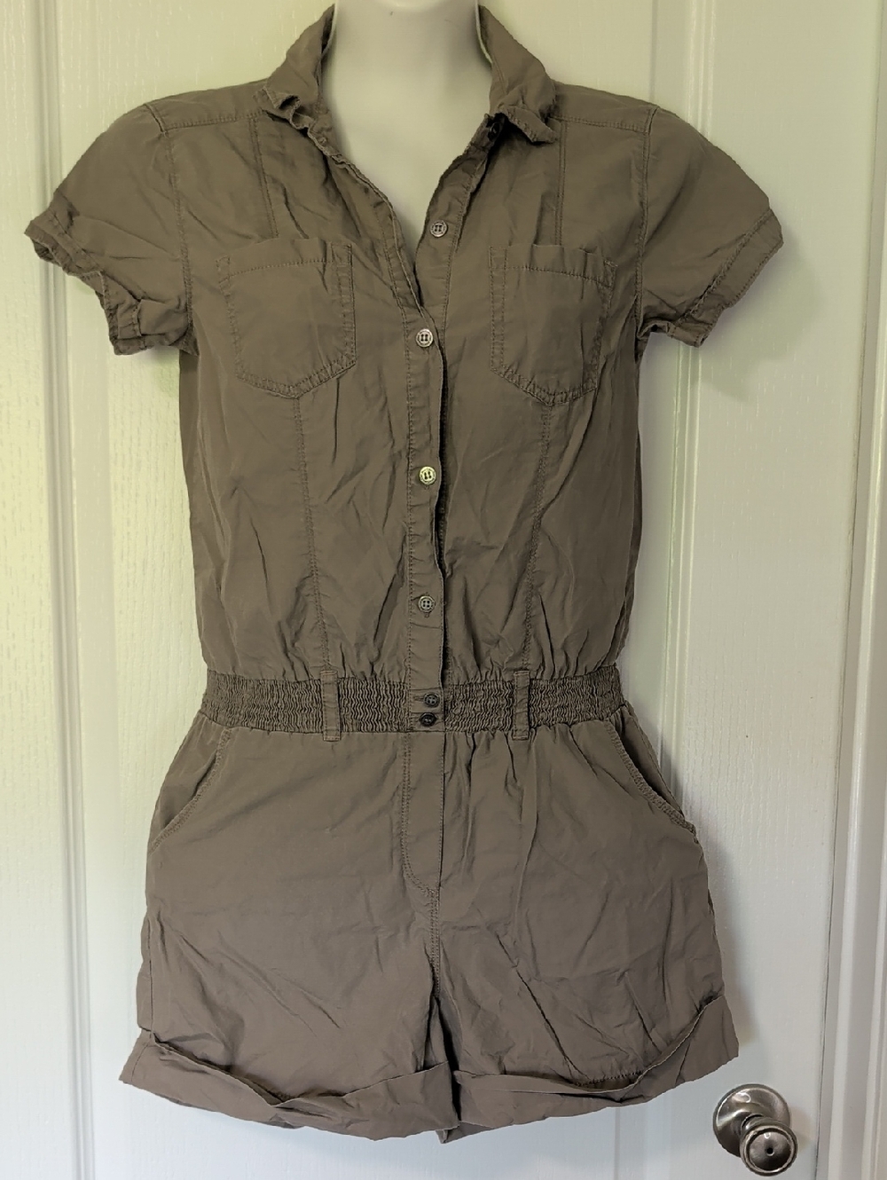 Calvin Klein Short-Sleeve Utility Romper in Taupe